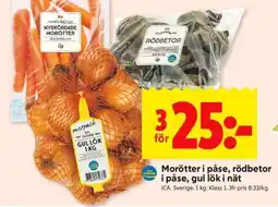ICA Supermarket Morötter i påse, rödbetor i påse, gul lök i nät erbjuda