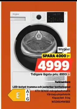 Power Whirlpool Torktumlare LED-belyst trumma och justerbar torrhetsgrad erbjuda