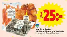 ICA Supermarket Morötter i påse, rödbetor i påse, gul lök i nät erbjuda