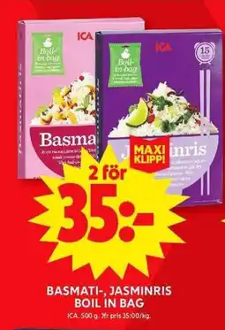 ICA Maxi ICA Basmati-, jasminris boil in bag erbjuda