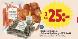 ICA Nära ICA Morötter i påse, rödbetor i påse, gul lök i nät erbjuda