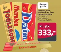 Fleggaard Toblerone, Daim, Marabou XL el. Toms Kæmpe Guld Barre erbjuda