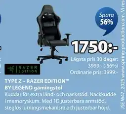 JYSK TYPE Z – RAZER EDITION BY LEGEND gamingstol, SEK 1750 erbjuda