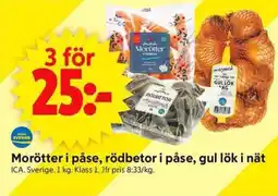 ICA Supermarket ICA Morötter i påse, rödbetor i påse, gul lök i nät erbjuda