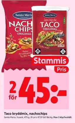 ICA Kvantum Santa Maria Taco kryddmix, nachochips erbjuda