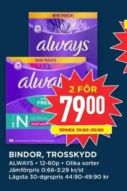 Willys ALWAYS Bindor, trosskydd erbjuda