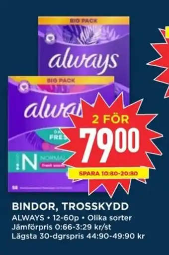 Willys ALWAYS Bindor, trosskydd erbjuda