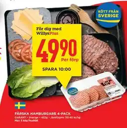 Willys Hemma FÄRSKA HAMBURGARE 4-PACK, Medlemspris erbjuda