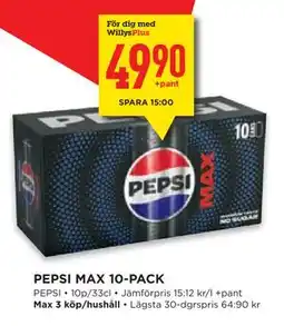 Willys Hemma PEPSI MAX 10-PACK, Medlemspris erbjuda
