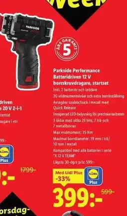 Lidl Parkside Performance Batteridriven 12 V borrskruvdragare, startset erbjuda
