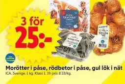 ICA Supermarket Morötter i påse, rödbetor i påse, gul lök i nät erbjuda