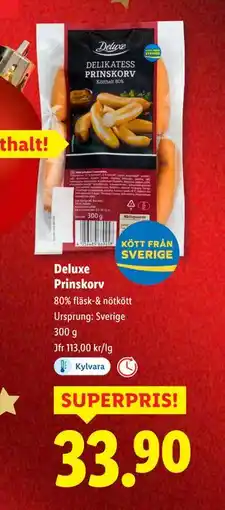 Lidl Deluxe Prinskorv, SEK 33.9 erbjuda