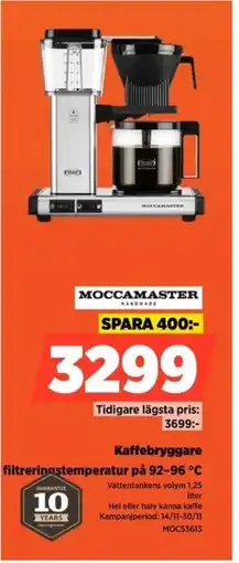 Power Moccamanter kaffebryggareg filtreringstemperatur på 92–96 °c erbjuda