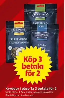 ICA Supermarket Santa Maria Kryddor i påse Ta 3 betala för 2 erbjuda