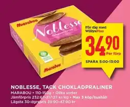 Willys Noblesse, tack chokladpraliner erbjuda