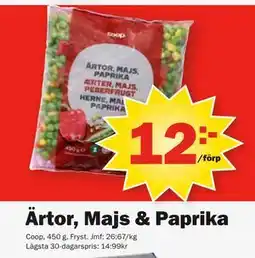 Pekås Ärtor, Majs & Paprika, SEK 12 erbjuda