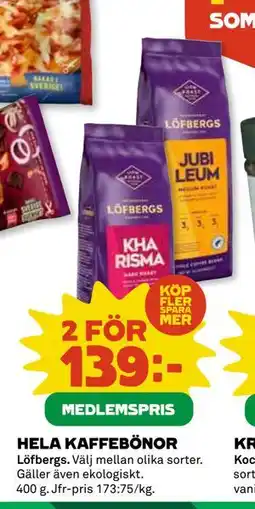 Coop Daglivs HELA KAFFEBÖNOR, Medlemspris erbjuda