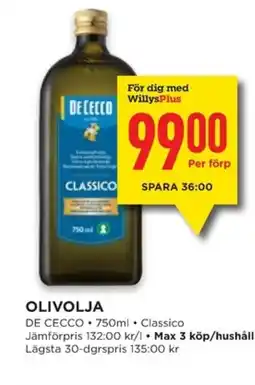 Willys DE CECCO Olivolja erbjuda