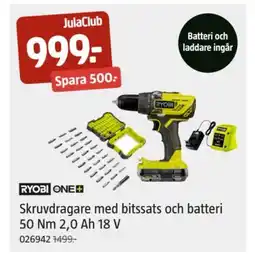 Jula Skruvdragare med bitssats och batteri 50 Nm 2.0 Ah 18 V erbjuda