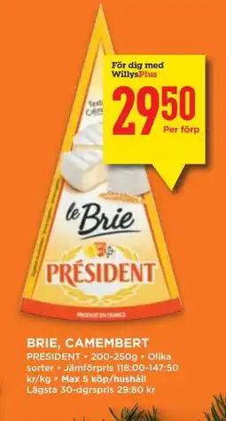 Willys BRIE, CAMEMBERT, Medlemspris erbjuda