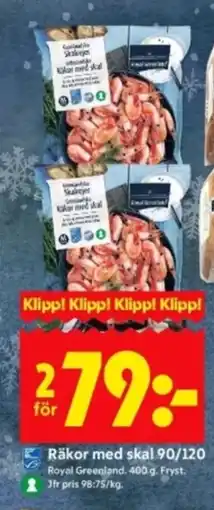ICA Kvantum Royal Greenland Räkor med skal 90/120 erbjuda