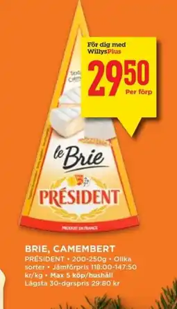 Willys PRÉSIDENT Brie, camembert erbjuda