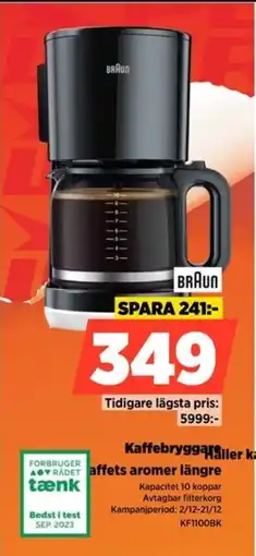 Power BRAUN Kaffebryggare KF1100BK erbjuda