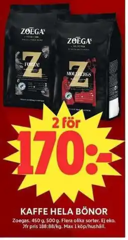 ICA Maxi ZOEGAS Kaffe hela bönor erbjuda