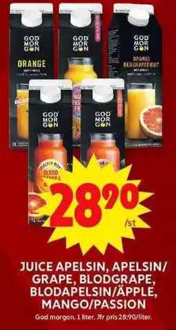 ICA Maxi GOD MORGON Juice apelsin, apelsin/ grape, blodgrape, blodapelsin/äpple, mango/passion erbjuda