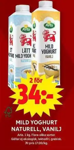 ICA Maxi ARLA Mild yoghurt naturell, vanilj erbjuda