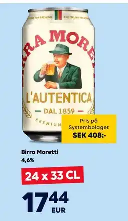 Border Shop Birra Moretti 4,6%, EUR 17.44 erbjuda