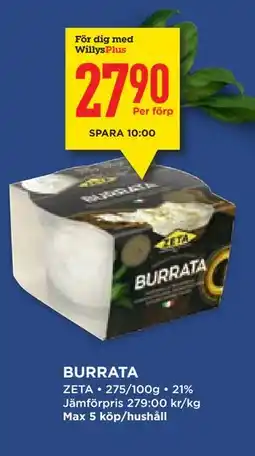 Willys Hemma BURRATA, Medlemspris erbjuda