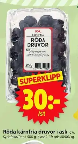 ICA Supermarket ICA Röda kärnfria druvor i ask erbjuda
