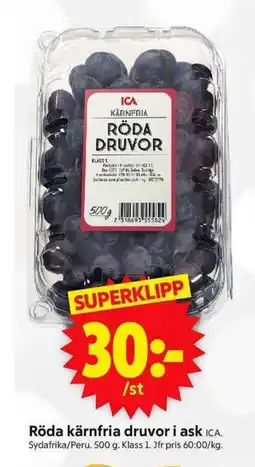 ICA Supermarket ICA Röda kärnfria druvor i ask erbjuda