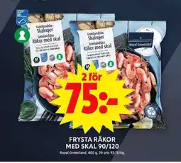ICA Maxi ROYAL GREENLAND Frysta räkor med skal 90/120 erbjuda