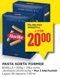 Willys BARILLA Pasta korta former erbjuda