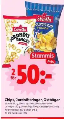 ICA Supermarket Chips, Jordnötsringar, ostbågar erbjuda