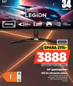 Power Lenovo 34" gamingskärm R34W30 erbjuda