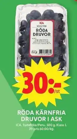 ICA Maxi Röda kärnfria druvor i ask erbjuda