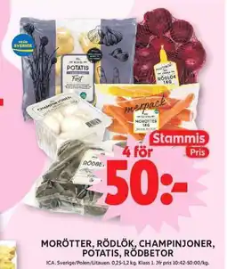 ICA Maxi Morötter, rödlök, champinjoner, potatis, rödbetor erbjuda