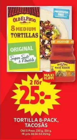 ICA Maxi OLD EL PASO Tortilla 8-pack, tacosås erbjuda