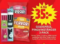 ICA Maxi Ferrari, Toms Godispåse, pingvinstänger 3-pack erbjuda