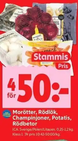 ICA Kvantum ICA Morötter, Rödlök, Champinjoner, Potatis, Rödbetor erbjuda