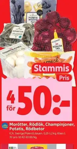 ICA Kvantum ICA Morötter, Rödlök, Champinjoner, Potatis, Rödbetor erbjuda