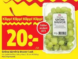 ICA Kvantum ICA Gröna kärnfria druvor i ask erbjuda