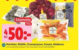 ICA Kvantum ICA Morötter, Rödlök, Champinjoner, Potatis, Rödbetor erbjuda
