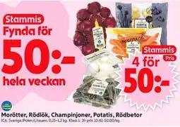 ICA Supermarket ICA Morötter, Rödlök, Champinjoner, Potatis, Rödbetor erbjuda