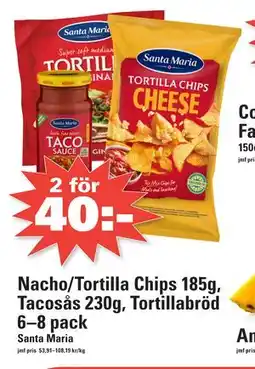 Nära dej Nacho/Tortilla Chips 185g, Tacosås 230g, Tortillabröd 6–8 pack erbjuda