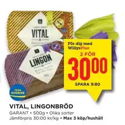 Willys VITAL, LINGONBRÖD, Medlemspris erbjuda