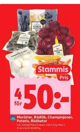 ICA Kvantum Morötter, Rödlök, Champinjoner, Potatis, Rödbetor, Medlemspris erbjuda